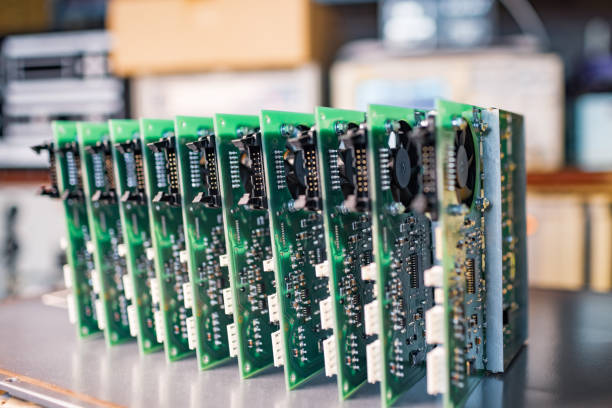 istock Close-up electric green embedded microcircuits in production 1320351758