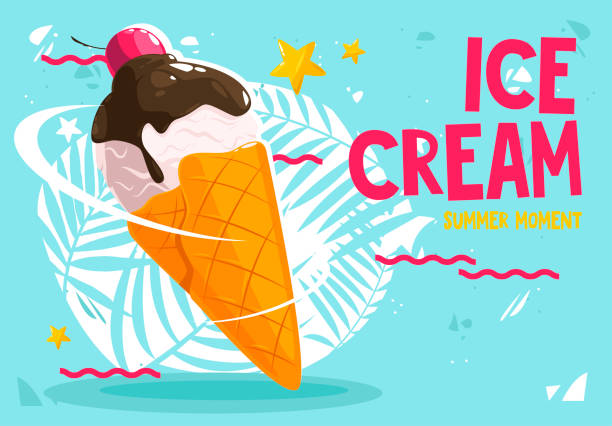 istock Vector illustration of ice cream with waffle cone, chocolate icing and cherry, on a background with a tropical motif 1320351822