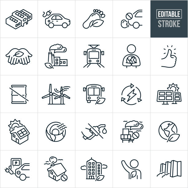 Zero Emissions Thin Line Icons - Editable Stroke A set zero emissions icons that include editable strokes or outlines using the EPS vector file. The icons include sustainability and the elimination of emissions that destroy the natural environment. Included is an icon of a building with solar panels, electric car, green carbon footprint, car exhaust, hand holding a leaf, factory with a leaf, light-rail, person holding the earth in his arms, thumbs up, oil barrel with strikethrough, green bus, clean public transportation, solar panels, house with solar panels on roof, geothermal energy source, gas pump with a strikethrough, factory smoke stack with strikethrough, green earth, environmental conservation, car at electric charging station, house with smoke coming out of the chimney and a strikethrough, green business buildings, environmentally responsible person and a hydroelectric dam. carbon footprint stock illustrations