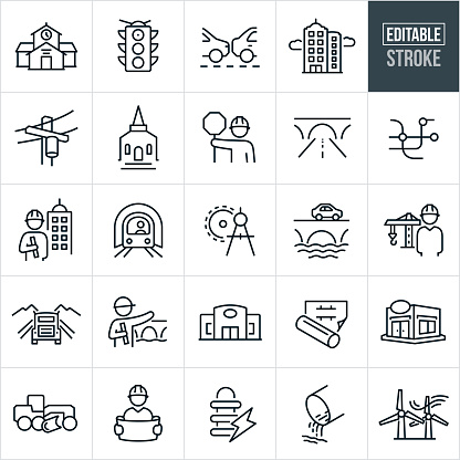 A set of infrastructure icons that include editable strokes or outlines using the EPS vector file. The icons include a school building, traffic light, cars on road, high rise buildings, power-lines, church building, construction worker holding stop sign, bridge with road, road infrastructure, road map, engineer next to a business building while holding blueprints, subway, drawing compass, infrastructure design, car driving over bridge, engineer standing near a construction crane, road, engineer pointing to bridge while holding blueprints, retail building, blueprints, restaurant building, road construction machinery, architect holding plans, power transformer, city waste pipe and wind turbines to name a few.
