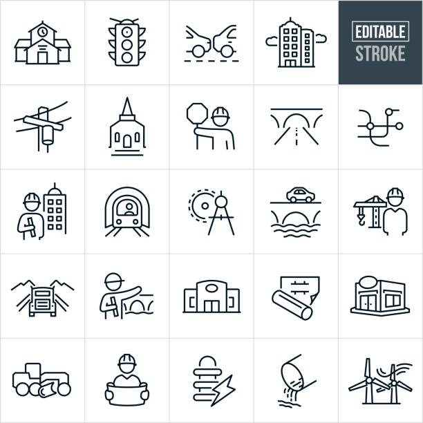 Infrastructure Thin Line Icons - Editable Stroke A set of infrastructure icons that include editable strokes or outlines using the EPS vector file. The icons include a school building, traffic light, cars on road, high rise buildings, power-lines, church building, construction worker holding stop sign, bridge with road, road infrastructure, road map, engineer next to a business building while holding blueprints, subway, drawing compass, infrastructure design, car driving over bridge, engineer standing near a construction crane, road, engineer pointing to bridge while holding blueprints, retail building, blueprints, restaurant building, road construction machinery, architect holding plans, power transformer, city waste pipe and wind turbines to name a few. transformer stock illustrations