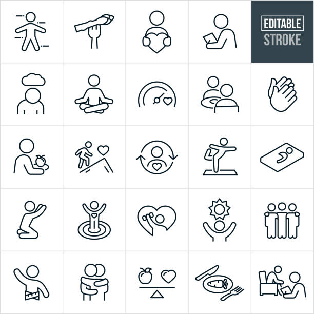 A set of health and wellness icons that include editable strokes or outlines using the EPS vector file. The icons include a mind and body chart, fork with asparagus to represent healthy eating, person holding a heart shape, wellness coach with clipboard, depressed person, person meditating, fitness goal meter, two people having lunch together, person praying, person with apple on plate, person climbing mountain to attain fitness goals, person doing yoga, person sleeping for healths sake, person exercising, three friends with arms around shoulders, healthy person with tape measure around waist, two people hugging, healthy foods and a person in counseling with a counselor to name a few.