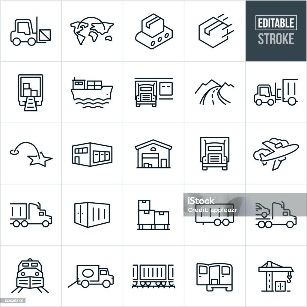 Cargo Transport Thin Line Icons - Bewerkbare slag - Royalty-free Pictogram vectorkunst