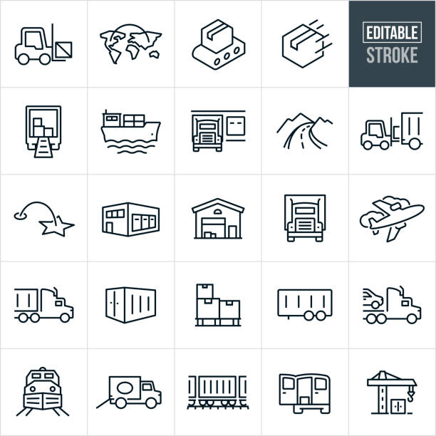 A set of cargo transport icons that include editable strokes or outlines using the EPS vector file. The icons include a forklift, cargo, packages, conveyor belt, cargo in a semi-truck, cargo ship with cargo, freight liner, semi-truck at loading dock, road, shipping, package delivery, shipping warehouse, warehouse facility, semi-truck, air freight, airplane, shipping container, boxes on shipping pallet, semi-trailer, car on semi-truck, freight train, delivery truck, train cars, delivery van, crane at shipping yard and others.