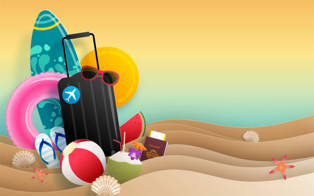 istock Summer time holiday vector design with beach,colorful tropical flowers heliconia rostrata,fruit,sea,nature,summer drink,under the sea,coral,flamingo,sun,sand,cocktail, paper cut style on background. 1320353719