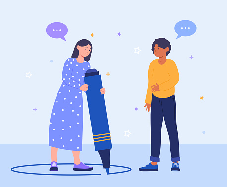 Woman drawing line to create personal boundaries around her to stop social interaction with family, friend or colleagues. Flat abstract metaphor cartoon vector illustration concept design web banner
