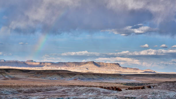 arid desert landscape with a rainbow