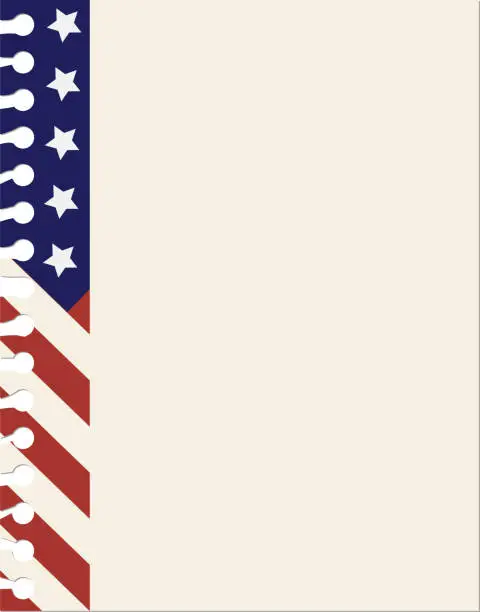 Vector illustration of Vertical vector illustration of a ripped page from spiral notebook with a left border of US flag design and the rest off white or cream copy space for text