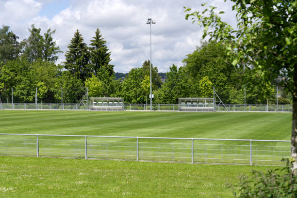 istock Fresh mowed football field at springtime. 1320356158