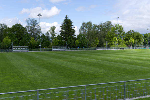 istock Fresh mowed football field at springtime. 1320356178
