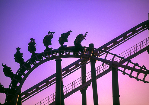 Valencia, spain - May 20, 2022: the adrenaline shoots up in an exciting ride on a roller coaster, emotions to the fullest.