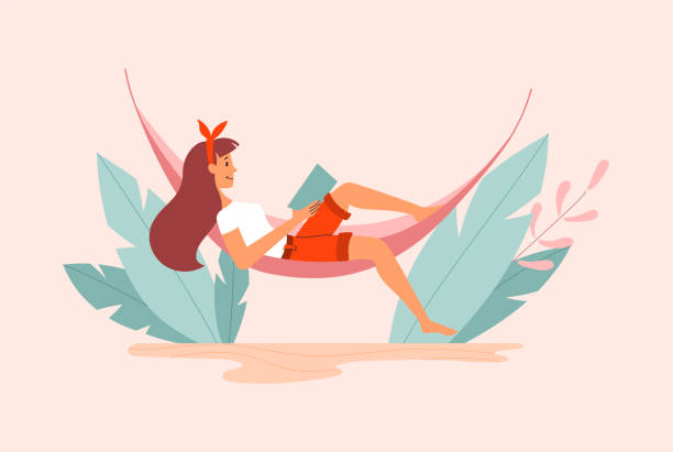 Cute smiling young woman lies on hammock and reading a book Cute smiling young woman lies on hammock and reading a book. Concept of beautiful women in different situations. Feminine concept. International womens day. Flat cartoon vector illustration hammock stock illustrations