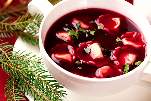 Borsch with uszkami. Polish christmas soup stock photo