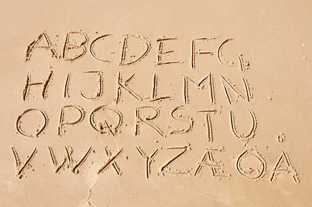 Handwritten letters in sand. Extra 3 vowels from Scandinavia, æ, ø, å
