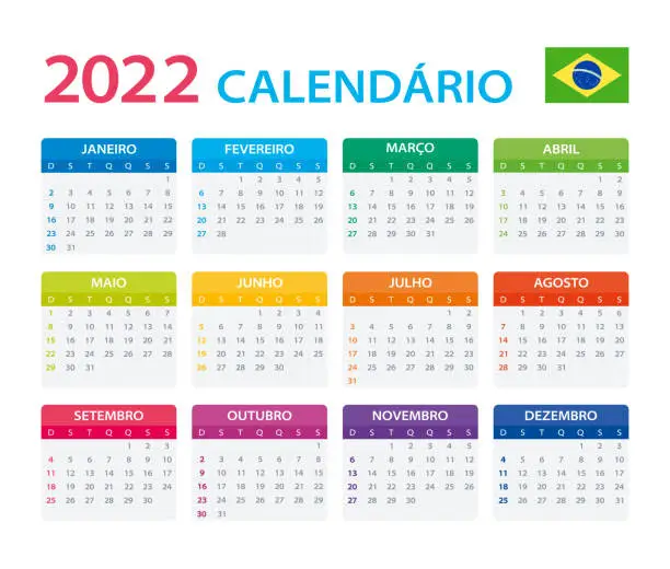 Vector illustration of 2022 Calendar Brazilian - vector illustration, Brazilian version. Translation: Calendar. Names of Months. Names of Days. January, February, March, April, May, June, July, August, September, October, November, December.