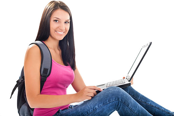 istock beautiful student girl laptop isolated 132036015
