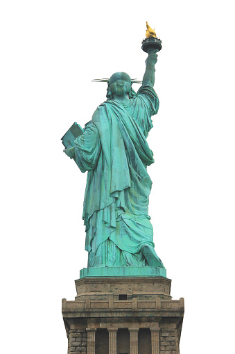 Backside of the Staute of Liberty in New York, isolated on white background