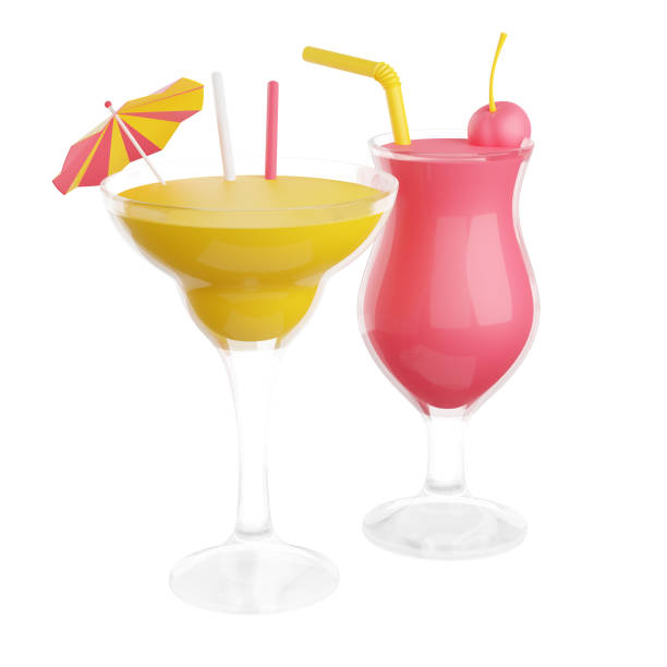 coquetéis de álcool de frutas em vidro 3d render ilustração isolada em fundo branco. - drink umbrella umbrella cocktail pink - fotografias e filmes do acervo