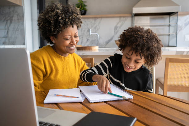 istock African american mom helping son to study online. Homeschooling education during quarantine. 1320362560