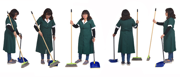 set of photos of the same cleaning woman with dustpan and broom in various poses