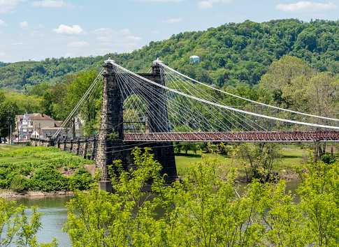 Stone structure of the old suspension bridge carrying the National Road across the Ohio river in Wheeling West Virginia