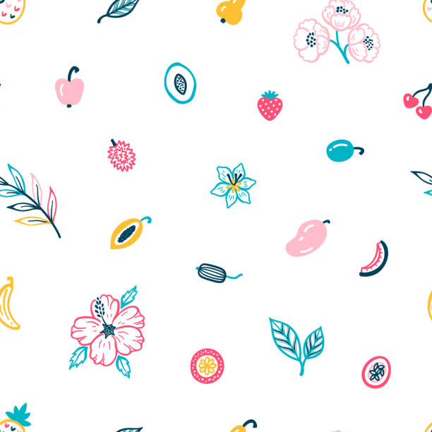 Tropical Floral Fruit Seamless Pattern. Colorful Summer Background with Fruits, Berries, Flowers and Leaves. Vector illustration Tropical Floral Fruit Seamless Pattern. Colorful Summer Background with Fruits, Berries, Flowers and Leaves. Vector illustration passion fruit flower stock illustrations