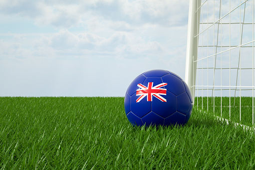 3d rendering of soccer ball with national flag on a grass field.