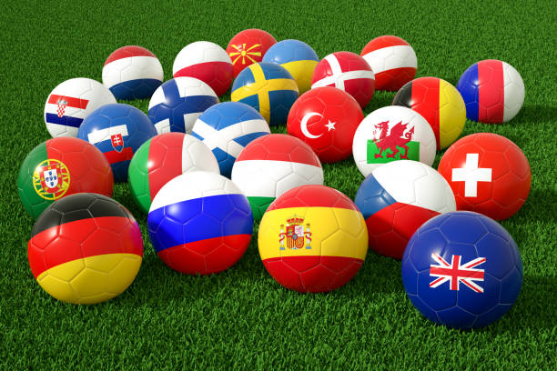 Euro 2020 Teams, Soccer Balls with Flag on a Grass Field 3d rendering of Euro 2020 Teams, Soccer Balls with Flag on a Grass Field scotland football team stock pictures, royalty-free photos & images
