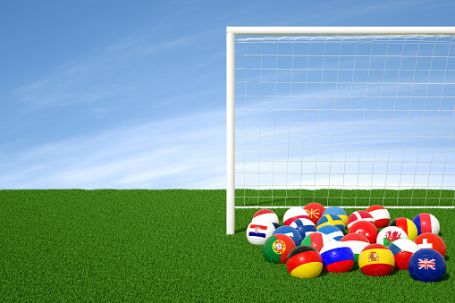 3d rendering of Euro 2020 Teams, Soccer Balls with Flag on a Grass Field