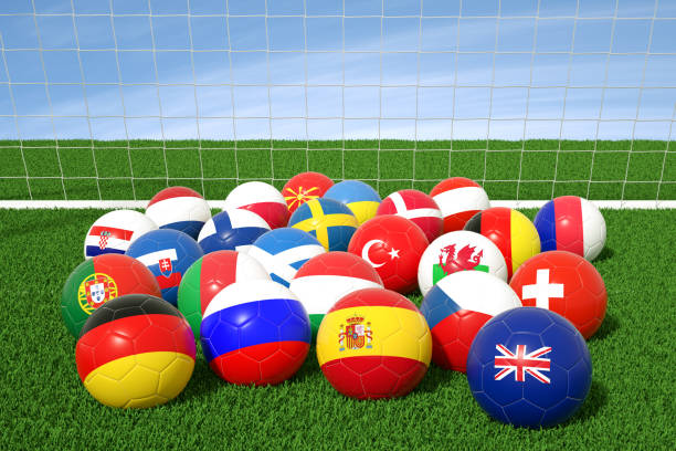 Euro 2020 Teams, Soccer Balls with Flag on a Grass Field 3d rendering of Euro 2020 Teams, Soccer Balls with Flag on a Grass Field scotland football team stock pictures, royalty-free photos & images
