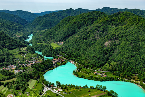 The valley and artificial lake of river Soca at Most na Soci,Primorska,Slovenia