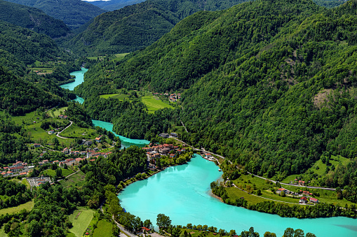 The valley and artificial lake of river Soca at Most na Soci,Primorska,Slovenia