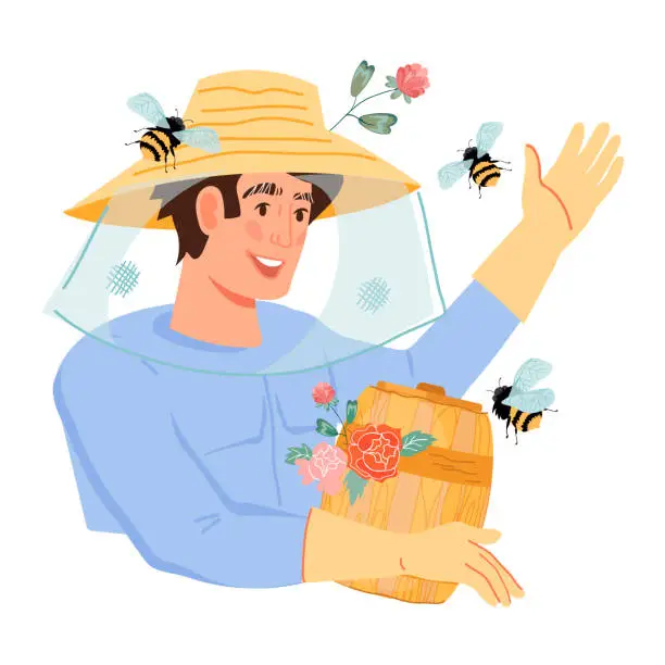 Vector illustration of Beekeeper male character in a bee protection suit with barrel of honey, flat vector isolated.