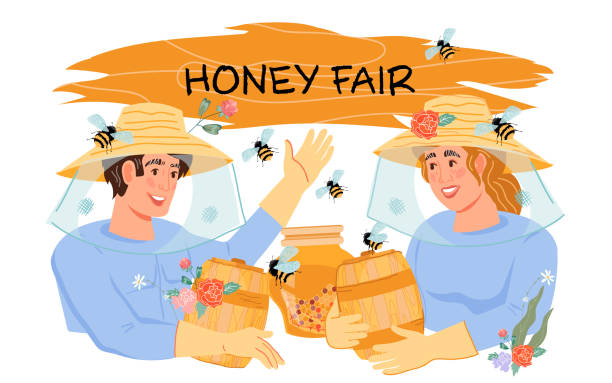 Honey fair poster template with hiver man and woman, flat vector isolated. Honey fair or festival poster template with hiver man and woman, flat vector illustration isolated on white background. Invitation banner or poster to honey market with beekeepers or apiarists. hiver stock illustrations