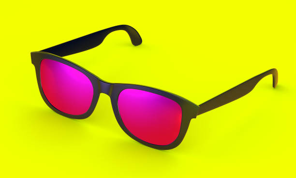 istock Black plastic sunglasses with purple lenses on color background 1320381362