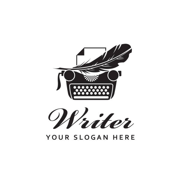 typewriter and feather writer badge with typewriter and pen feather isolated on white background retro typewriter stock illustrations