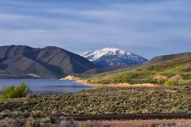 Photo of Deer Creek Reservoir Dam Trailhead hiking trail  Panoramic Landscape views by Heber, Wasatch Front Rocky Mountains. Utah, United States, USA.