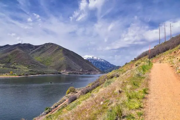 Photo of Deer Creek Reservoir Dam Trailhead hiking trail  Panoramic Landscape views by Heber, Wasatch Front Rocky Mountains. Utah, United States, USA.