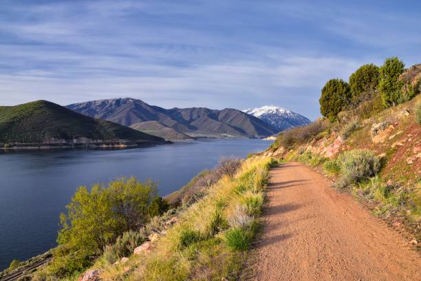 Deer Creek Reservoir Dam Trailhead hiking trail  Panoramic Landscape views by Heber, Wasatch Front Rocky Mountains. Utah, United States, USA. stock photo
