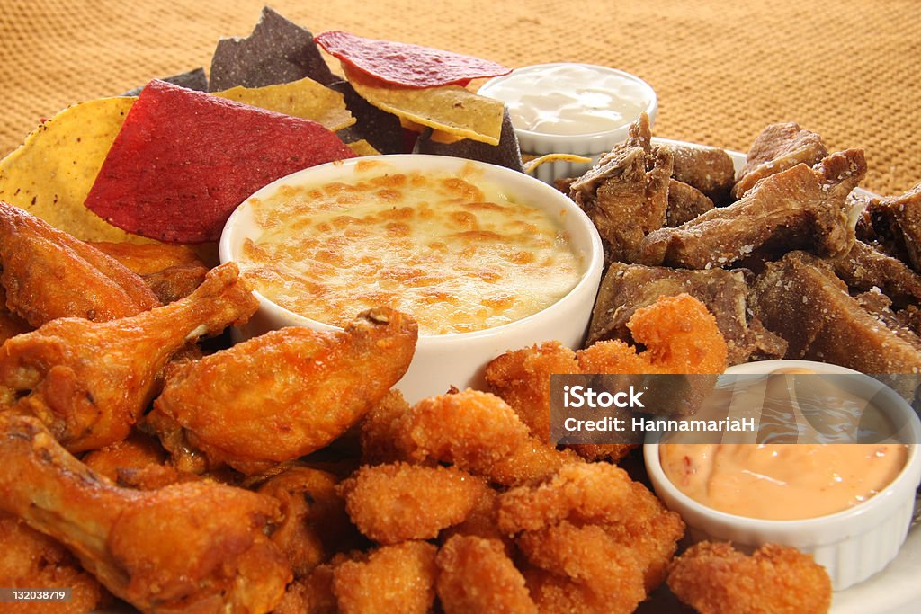 appetizer platter Appetizer platter of chicken wings, ribs, shrimp and nachos. Cheese Dip Stock Photo