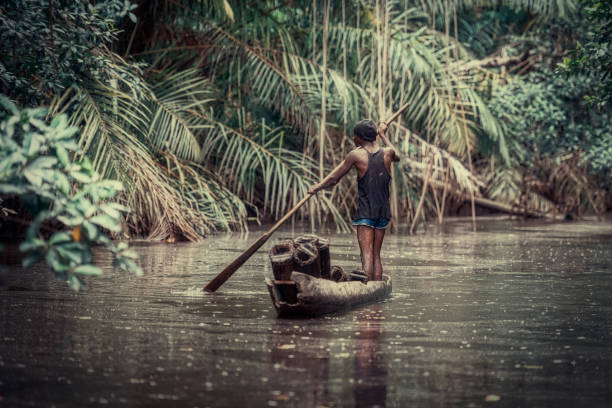 Moanda, Democractic Republic of Congo - December 12, 2014: A congolese fisherman is paddling in a typical dugout canoue (Pirogue) throuth the Mangrove Forest at the mouth of the Congo River. This area is protected as the Mangroves National Park.