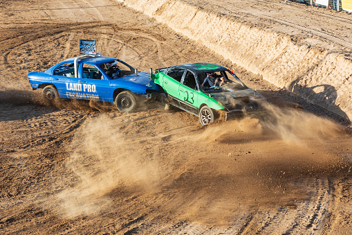 Burnet, Texas, USA. April 10, 2021. Competitors in the demolition derby in Burnet, Texas.