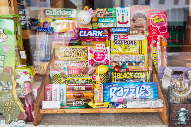 Fredericksburg, Texas, USA. April 13, 2021. Candy in a storefront window in the Texas hill country.