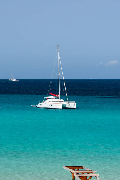 スペインのバレアレス諸島、フォルメンテラ島のセス・イレテスビーチの海岸に係留されたボート。 - illetes ストックフォトと画像