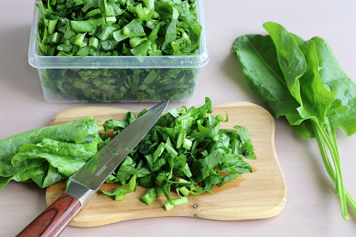 Greens for salad sliced on board with knife and fresh leaves, cooking for freezing and subsequent use in preparation of vegetarian menu, close-up