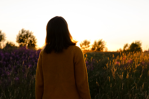 the girl stands with her back to us and enjoys the view.in front of it is a view of a meadow with wildflowers and tall grass, which is brightly illuminated by the sun's rays