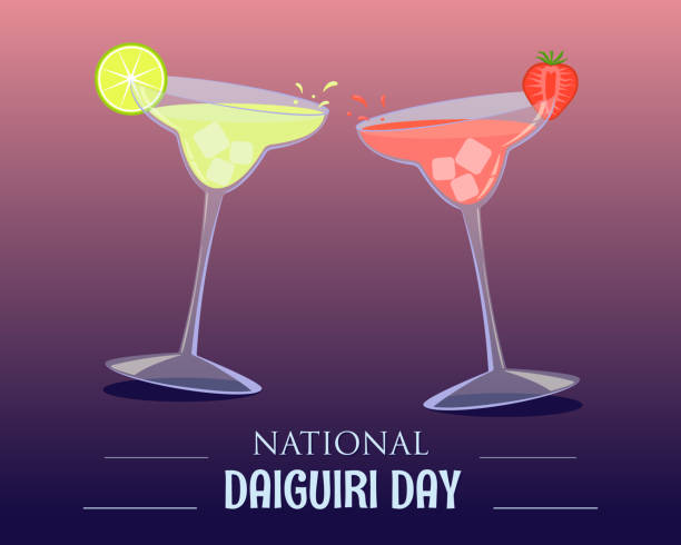 два разных алкогольных коктейля дайкири в коктейльных бокалах с клубникой и лаймом. - lime juice illustrations stock illustrations