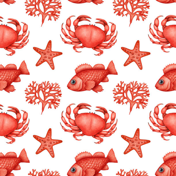 морская жизнь бесшовная картина. акварель красный краб, рыба, морская звезда и водоросли. океан подводного животного дикой природы. летние � - seaweed seamless striped backgrounds stock illustrations