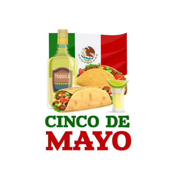 illustrazioni stock, clip art, cartoni animati e icone di tendenza di cinco de mayo vettore alimentare per le vacanze burrito, tequila - location shot