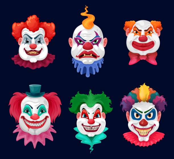Horror clown and scary circus monster faces Horror clown and scary circus monster faces cartoon vector design of Halloween holiday. Evil clown or joker characters with bloody teeth, sharp vampire fangs and crazy smiles, red noses and wigs scary clown mouth stock illustrations